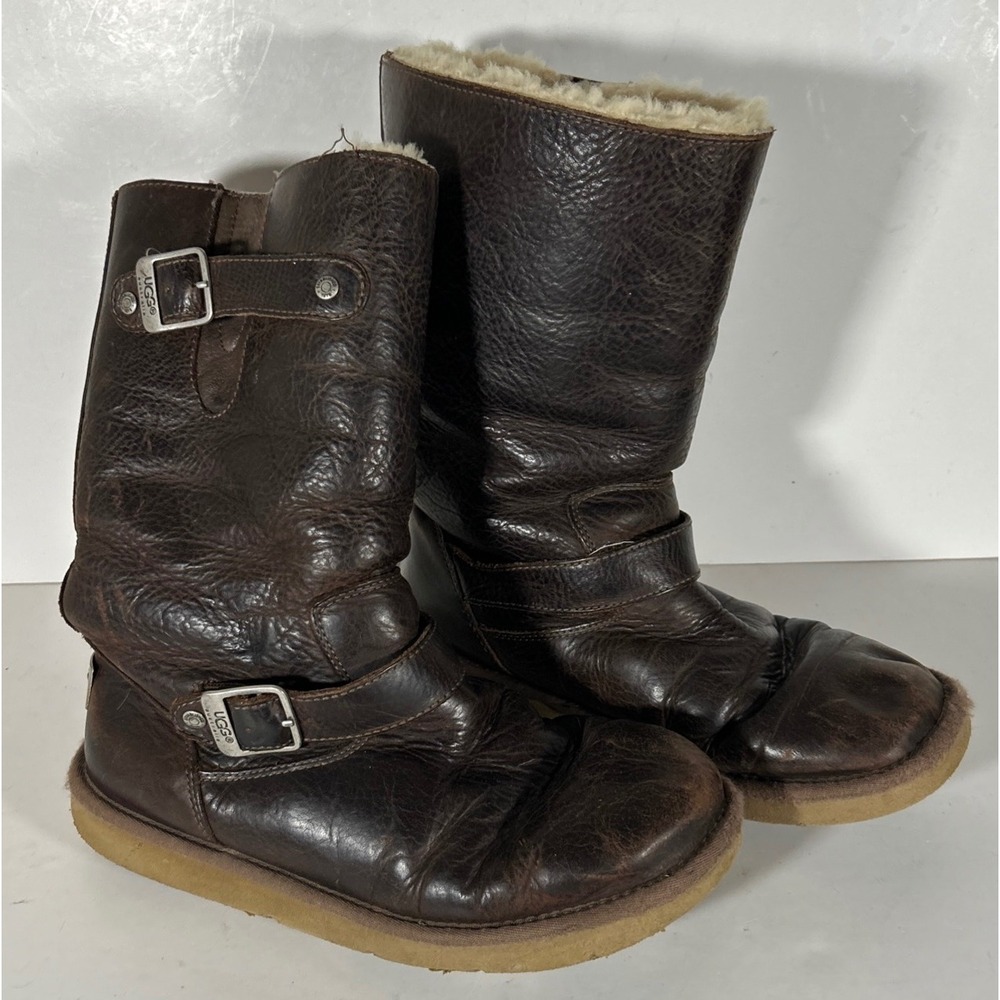 UGG Australia Kensington Boots Brown Leather Shearling Moto Buckle 5678 Womens 8
